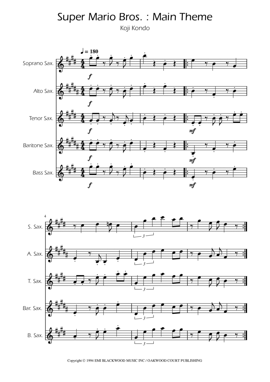 Super Mario Bros Theme Saxophone Quintet scores gallery preview page 1