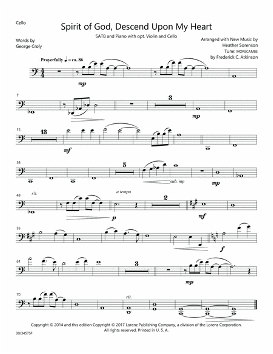 Spirit of God, Descend Upon My Heart - Parts for Violin and Cello Cello scores gallery preview page 2
