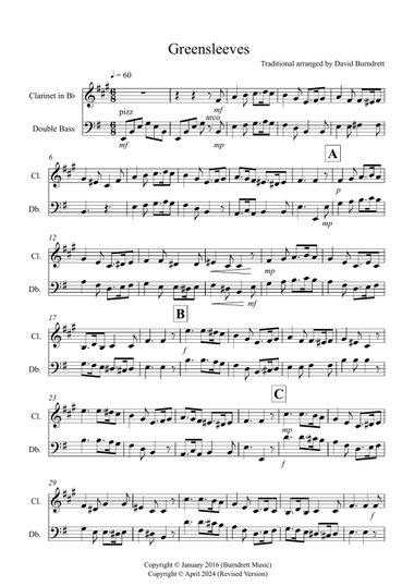 Greensleeves for Clarinet and Double Bass Duet