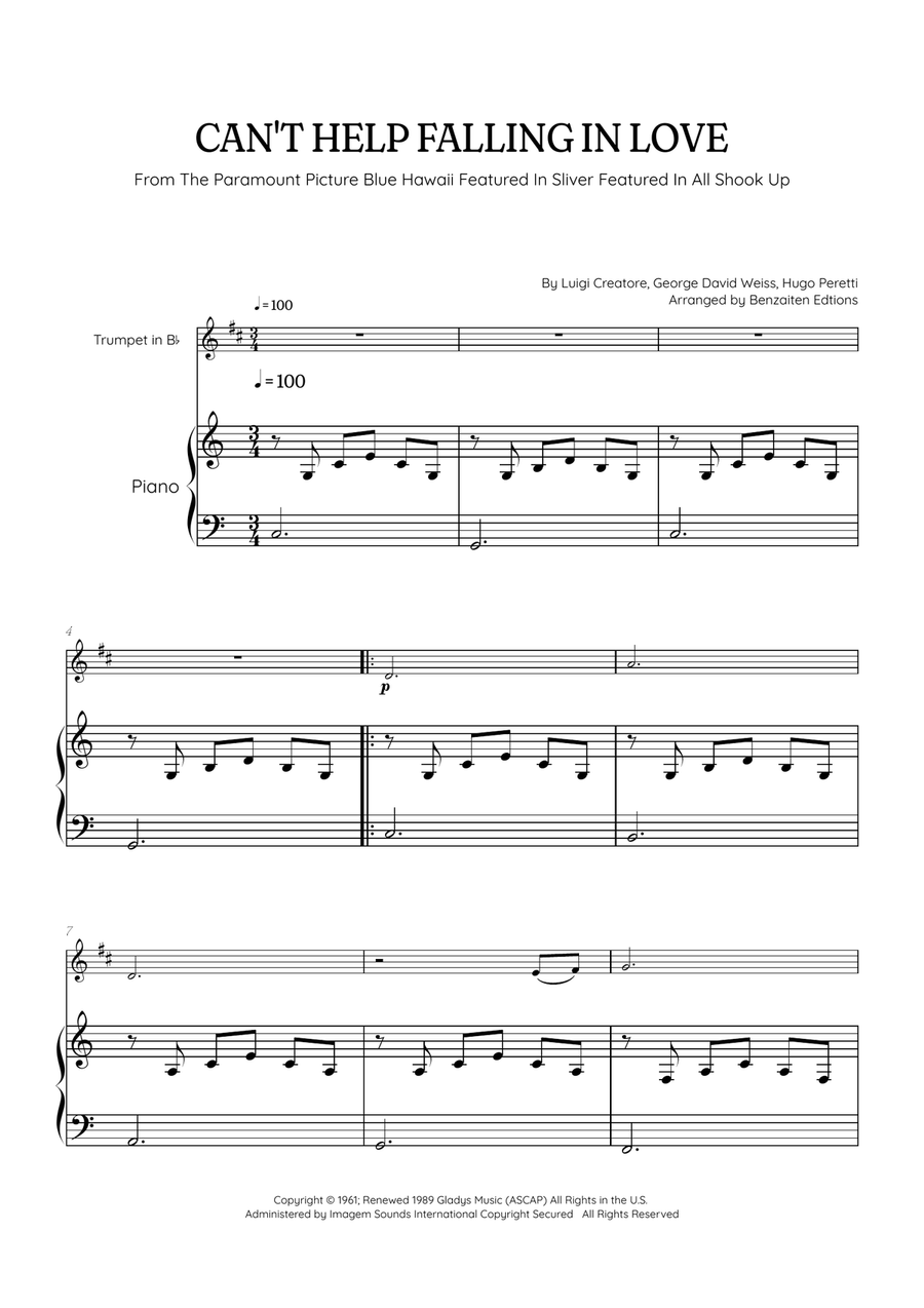 Can't Help Falling In Love B-Flat Trumpet scores gallery preview page 1