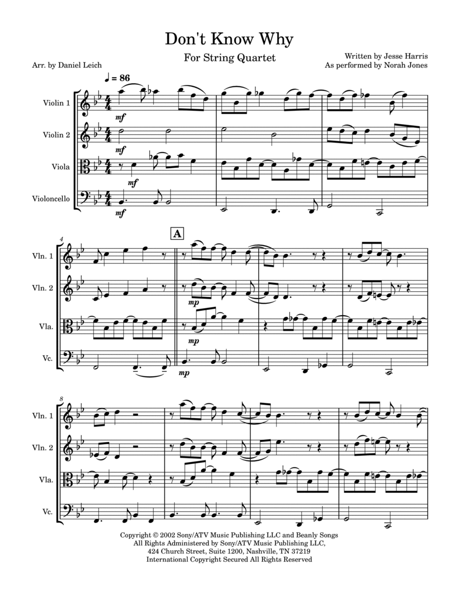 Don't Know Why Don't Know Why String Quartet scores gallery preview page 1