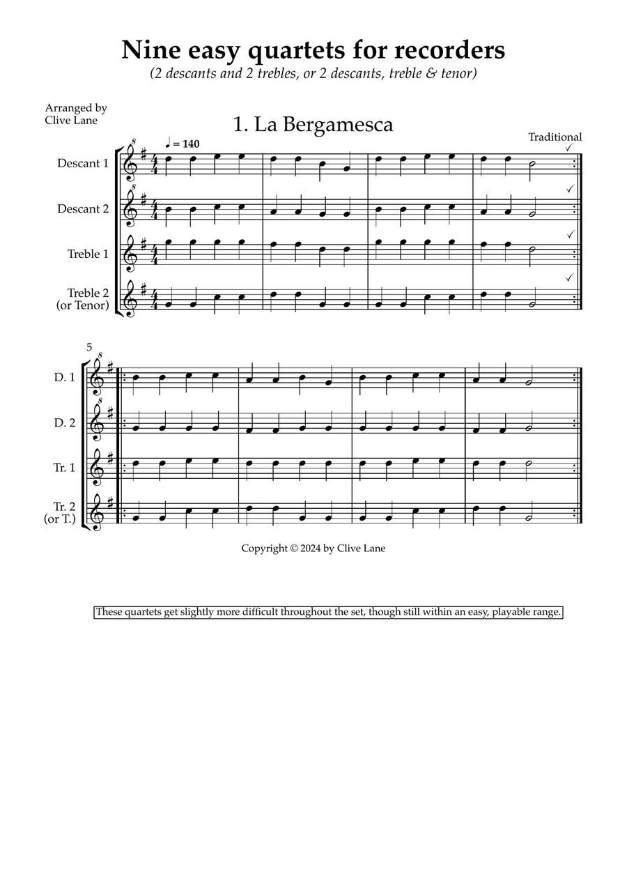 Nine Easy Recorder Quartets for 2 descants and 2 trebles (or 2 descants, treble & tenor) Soprano Recorder scores gallery preview page 3