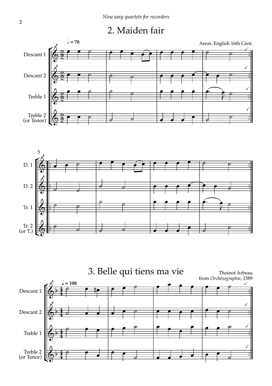Nine Easy Recorder Quartets for 2 descants and 2 trebles (or 2 descants, treble & tenor) Soprano Recorder scores gallery preview page 4