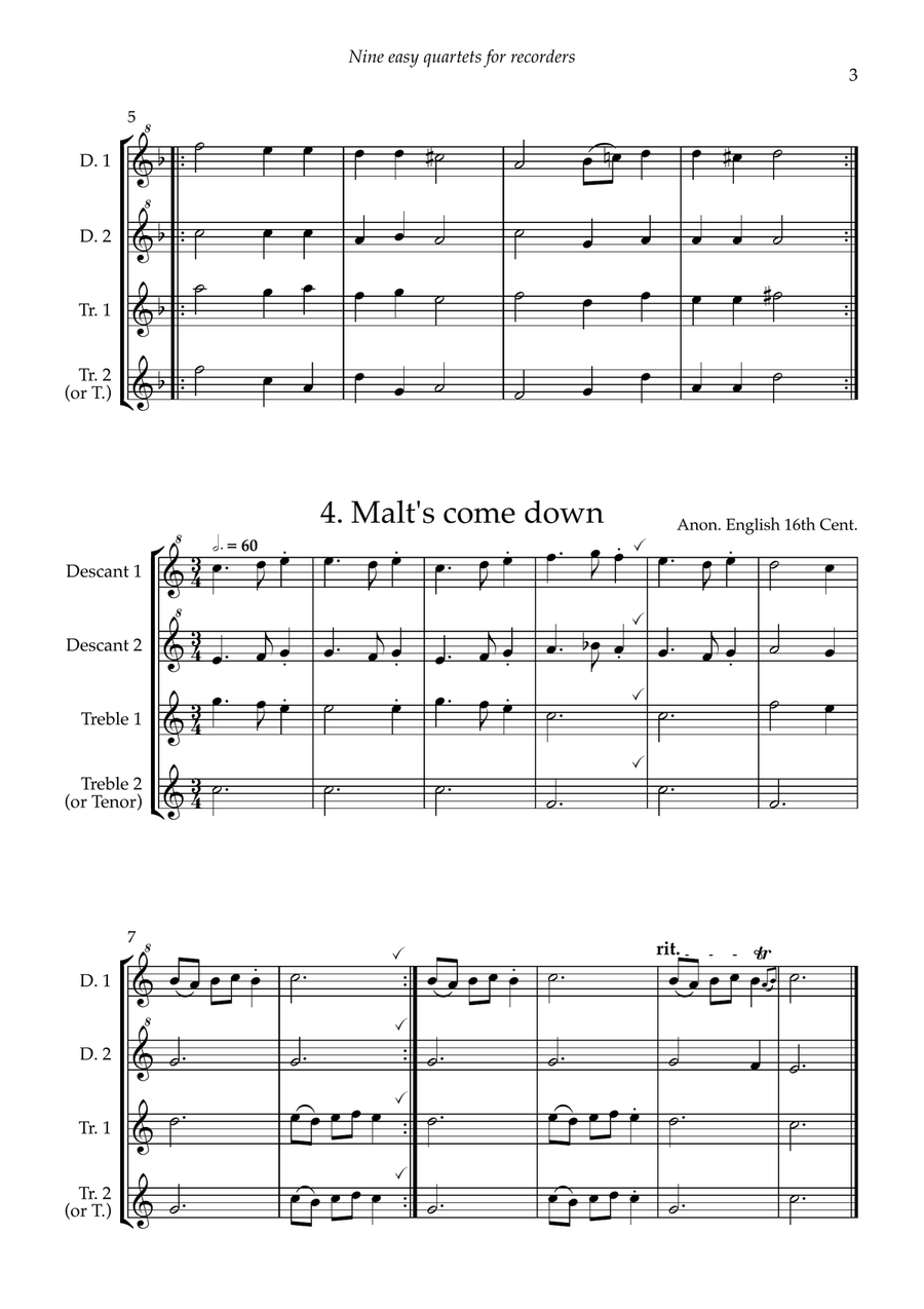 Nine Easy Recorder Quartets for 2 descants and 2 trebles (or 2 descants, treble & tenor) Soprano Recorder scores gallery preview page 5