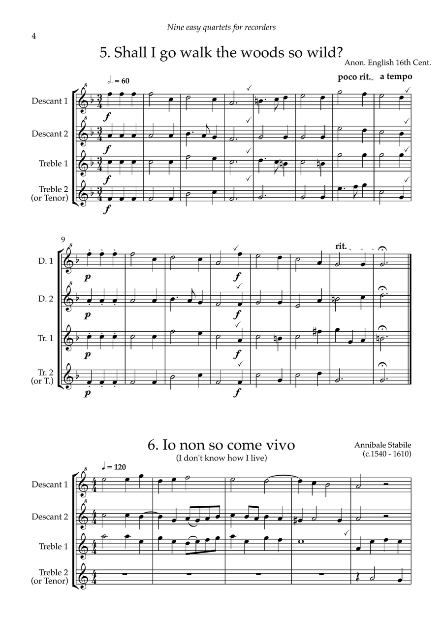 Nine Easy Recorder Quartets for 2 descants and 2 trebles (or 2 descants, treble & tenor) Soprano Recorder scores gallery preview page 6