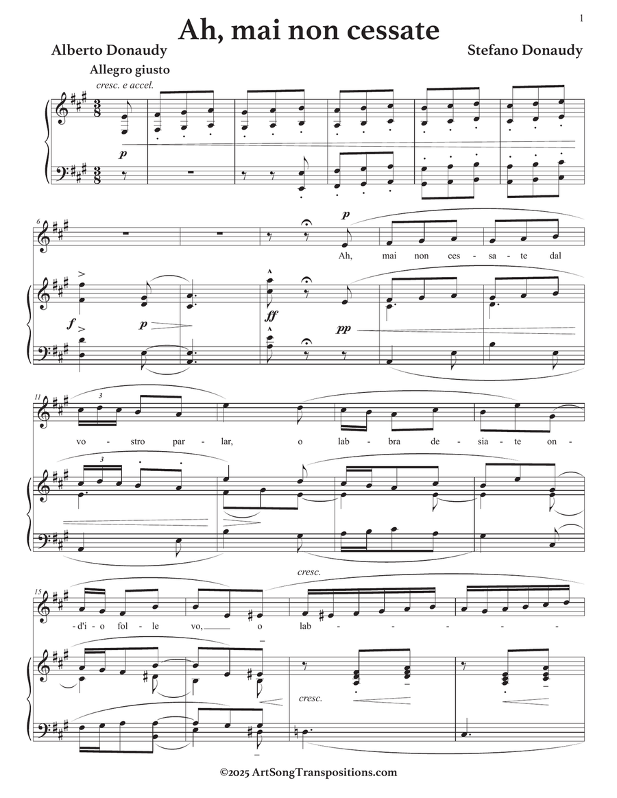 DONAUDY: Ah, mai non cessate (transposed to A major) Piano, Vocal scores gallery preview page 2
