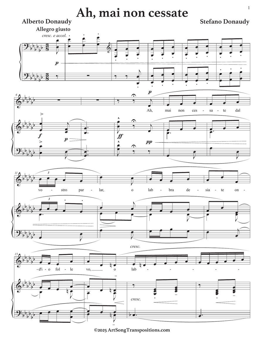 DONAUDY: Ah, mai non cessate (transposed to G-flat major) Piano, Vocal scores gallery preview page 2