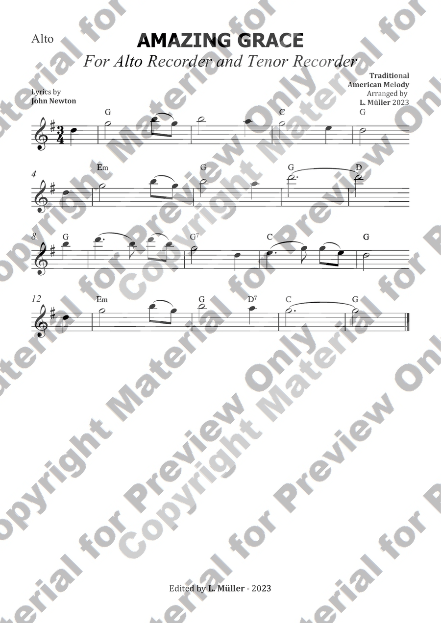 Amazing Grace - For Alto Recorder and Tenor Recorder (with chords) Woodwind Duet scores gallery preview page 2