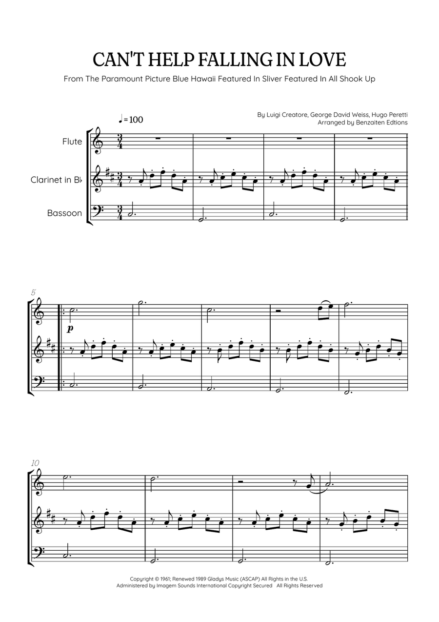 Can't Help Falling In Love Woodwind Trio scores gallery preview page 1