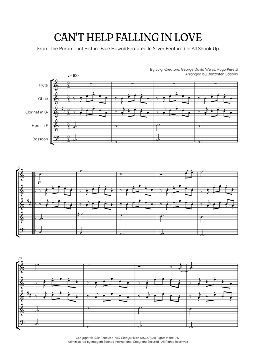 Can't Help Falling In Love Woodwind Quintet scores gallery preview page 1