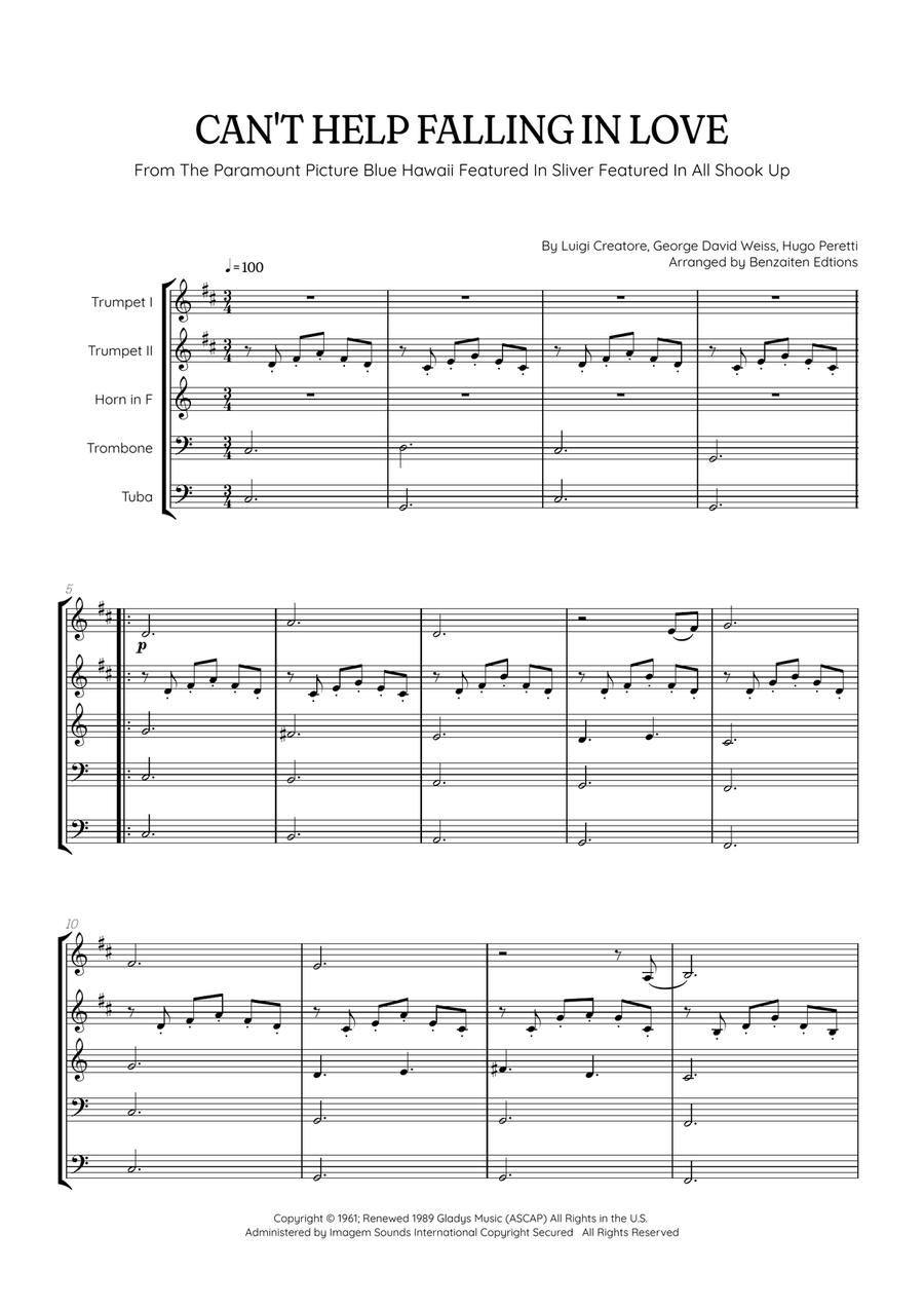 Can't Help Falling In Love Brass Quintet scores gallery preview page 1