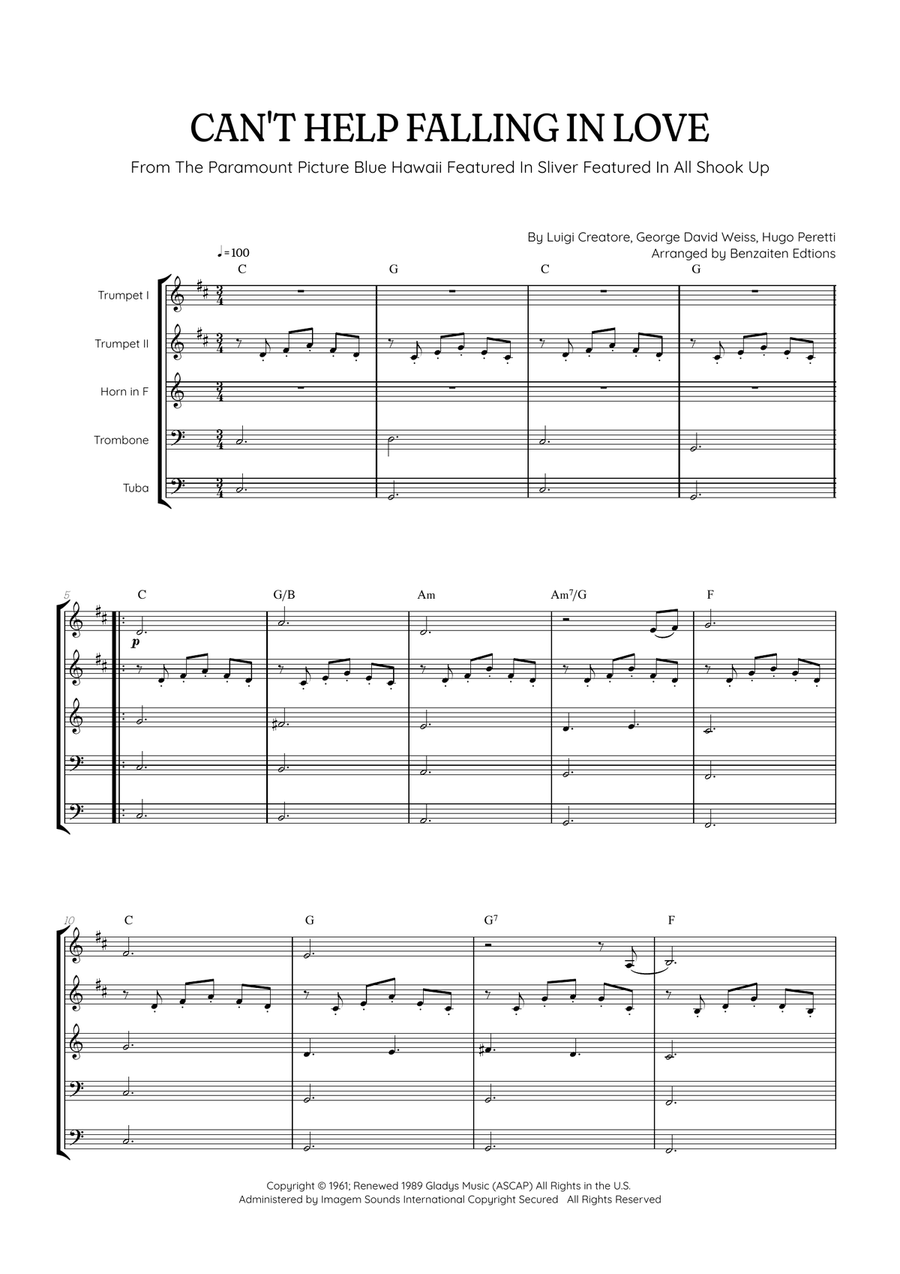 Can't Help Falling In Love Brass Quintet scores gallery preview page 1
