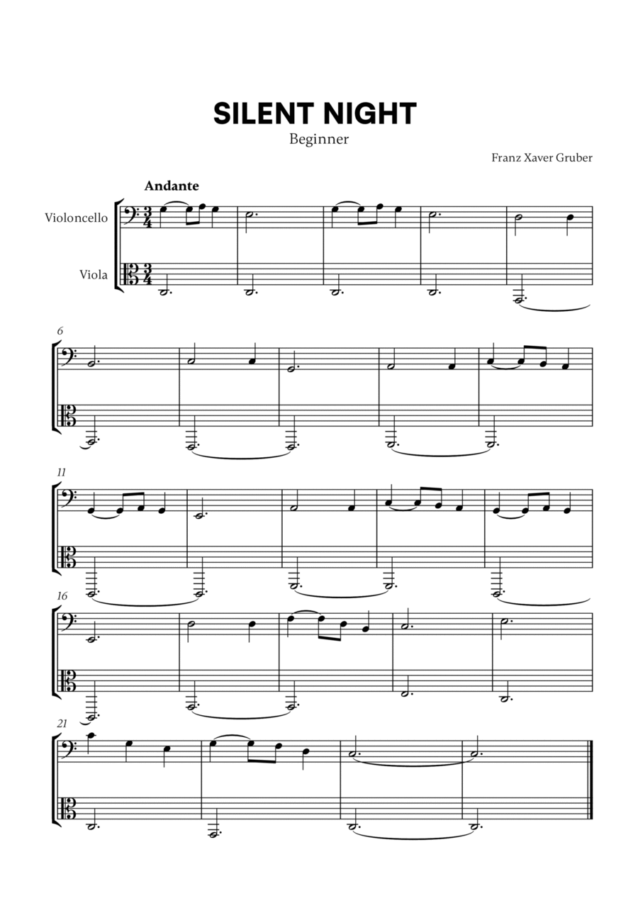 Franz Xaver Gruber - Silent Night (Beginner) (for Cello and Viola) String Duet scores gallery preview page 1