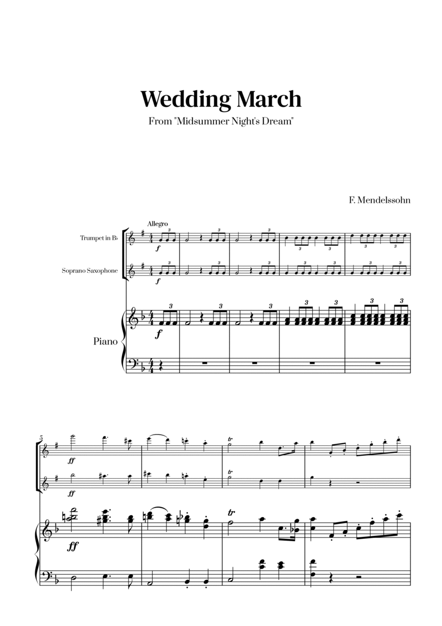 Felix Mendelssohn - Wedding March (F major) (for Trumpet and Soprano Saxophone) Soprano Saxophone scores gallery preview page 1