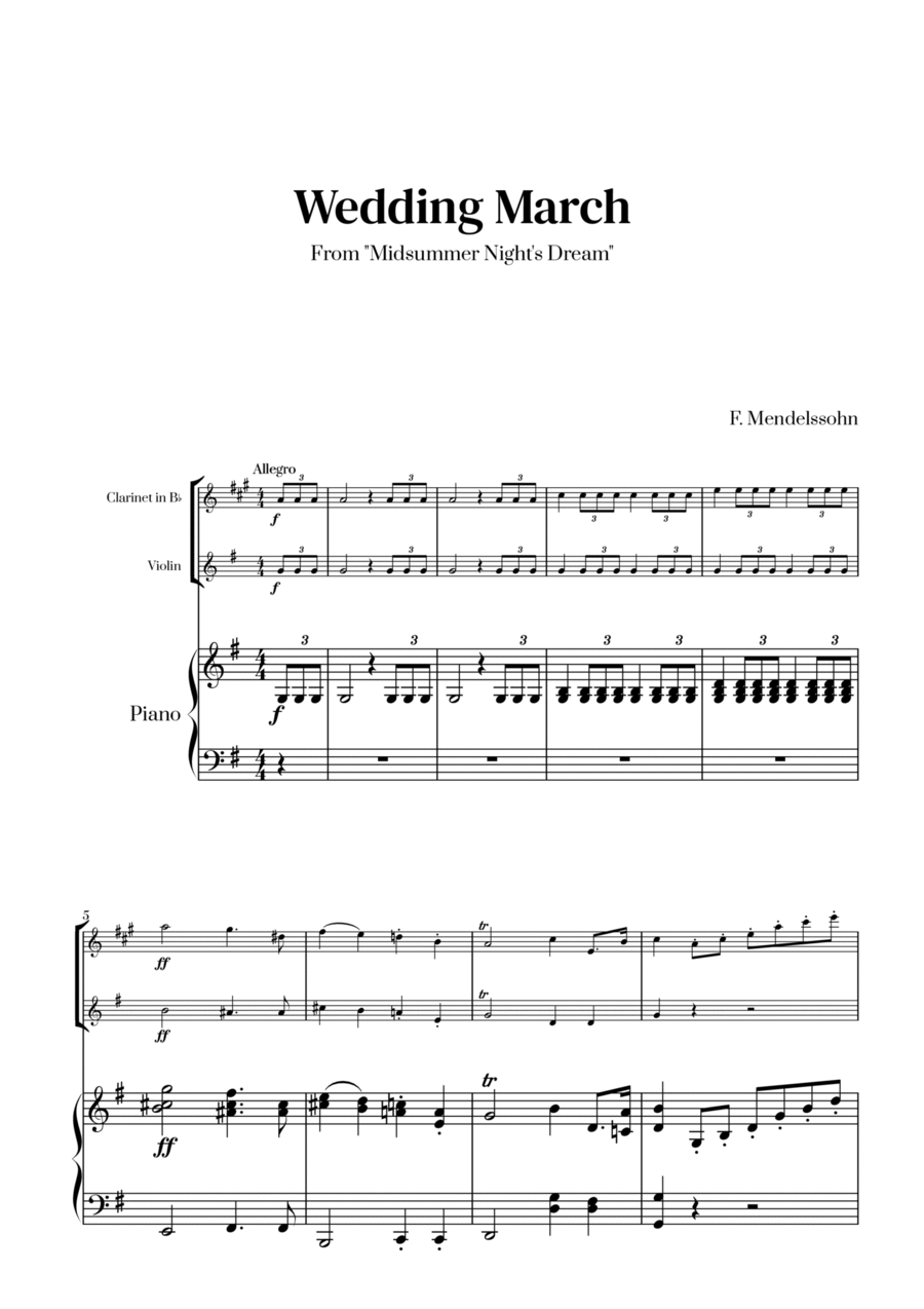 Felix Mendelssohn - Wedding March (G major) (for Clarinet and Violin) B-Flat Clarinet scores gallery preview page 1
