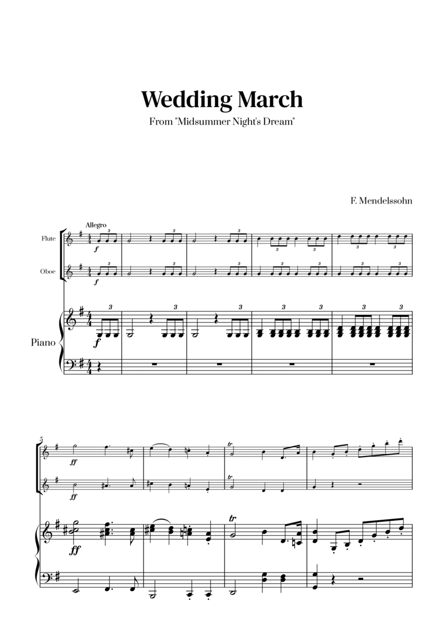 Felix Mendelssohn - Wedding March (G major) (for Flute and Oboe) Woodwind Duet scores gallery preview page 1