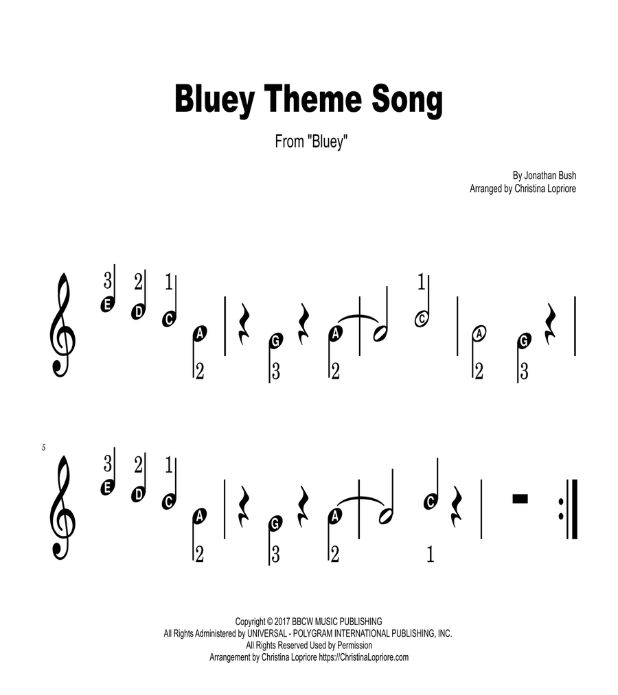 Bluey Theme Song Easy Piano scores gallery preview page 1