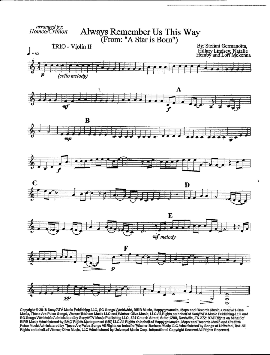 Always Remember Us This Way String Trio scores gallery preview page 3