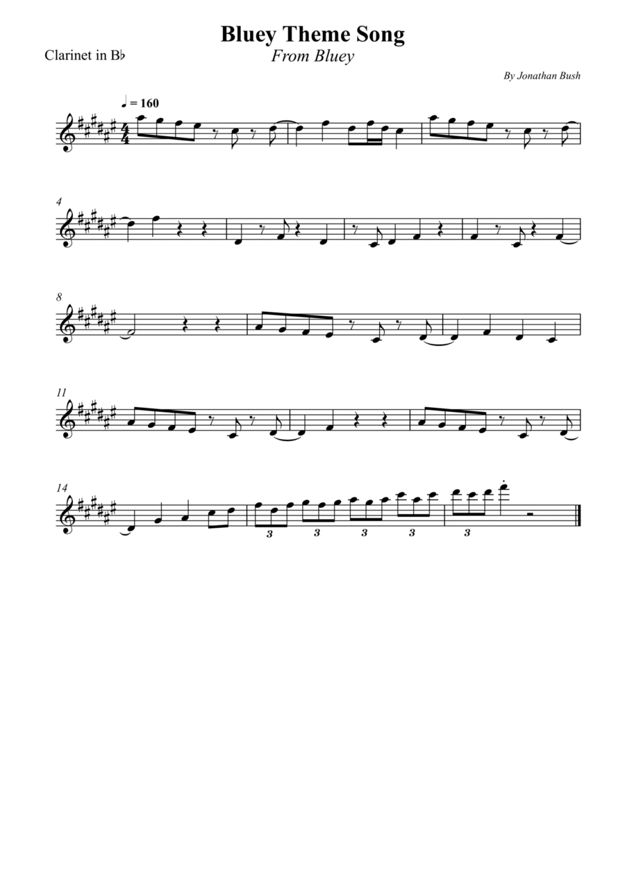 Bluey Theme Song B-Flat Clarinet scores gallery preview page 1