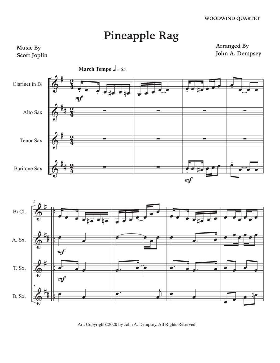 Pineapple Rag (Woodwind Quartet): Clarinet, Alto Sax, Tenor Sax and Baritone Sax Woodwind Quartet scores gallery preview page 5