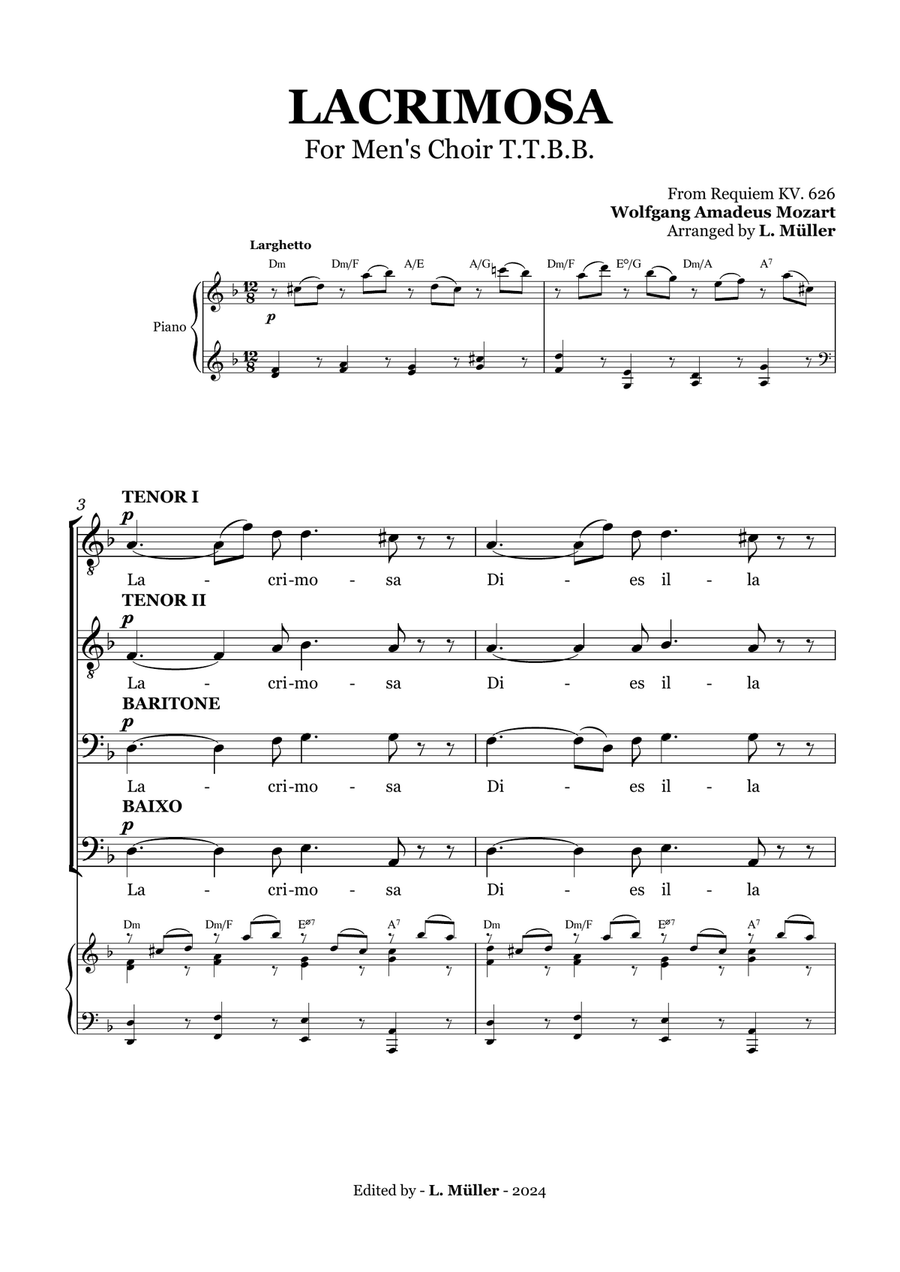 LACRIMOSA - From Requiem KV. 626 - For Choir TTBB (With chords) TTBB scores gallery preview page 4