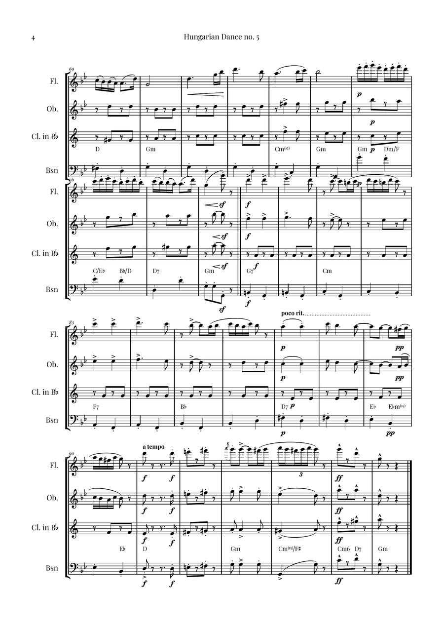 Hungarian Dance No. 5 Woodwind Quartet scores gallery preview page 4