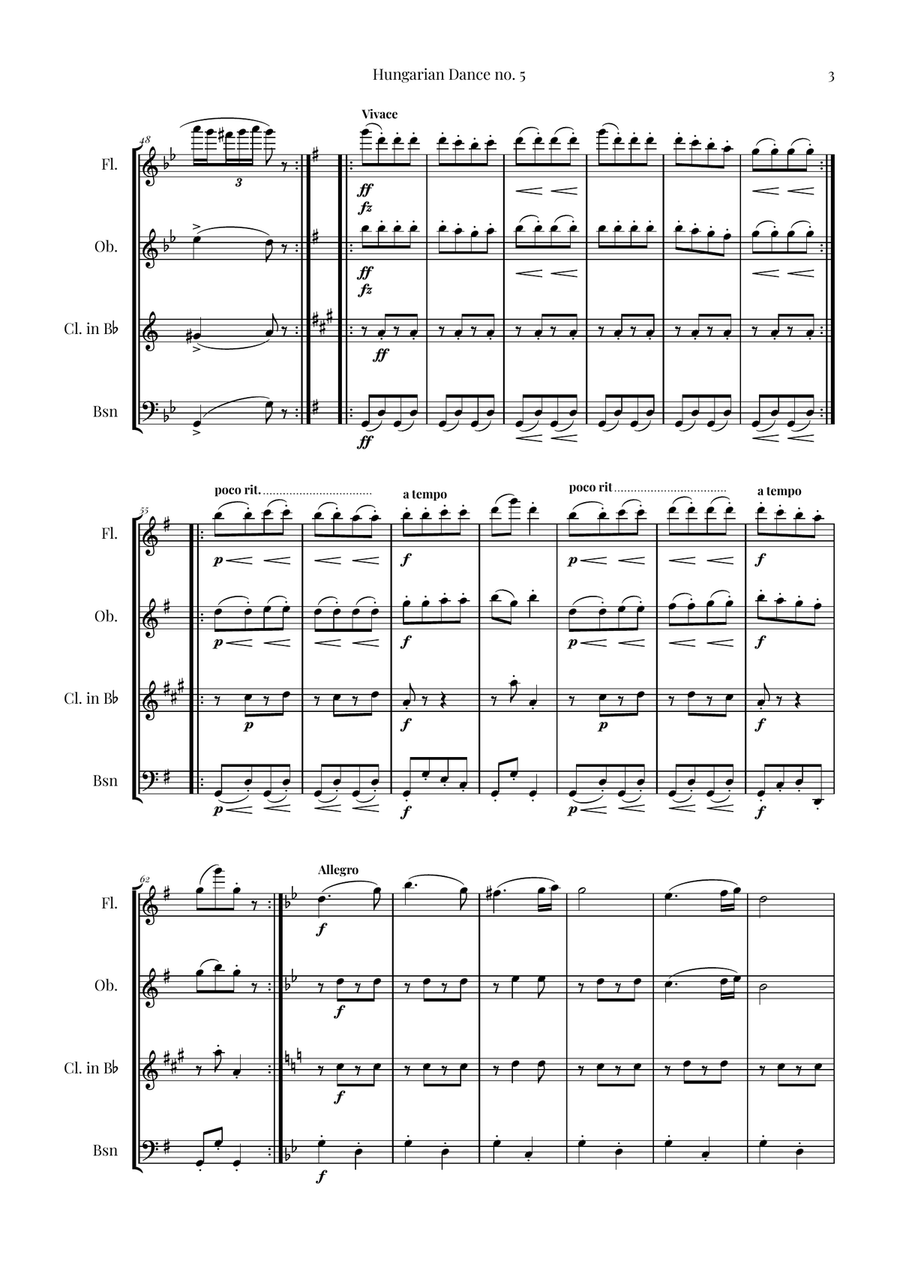Hungarian Dance No. 5 Woodwind Quartet scores gallery preview page 3
