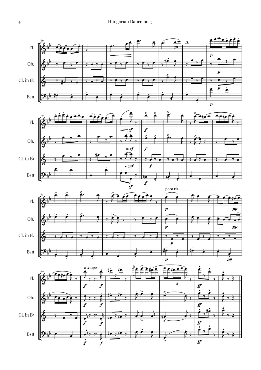 Hungarian Dance No. 5 Woodwind Quartet scores gallery preview page 4
