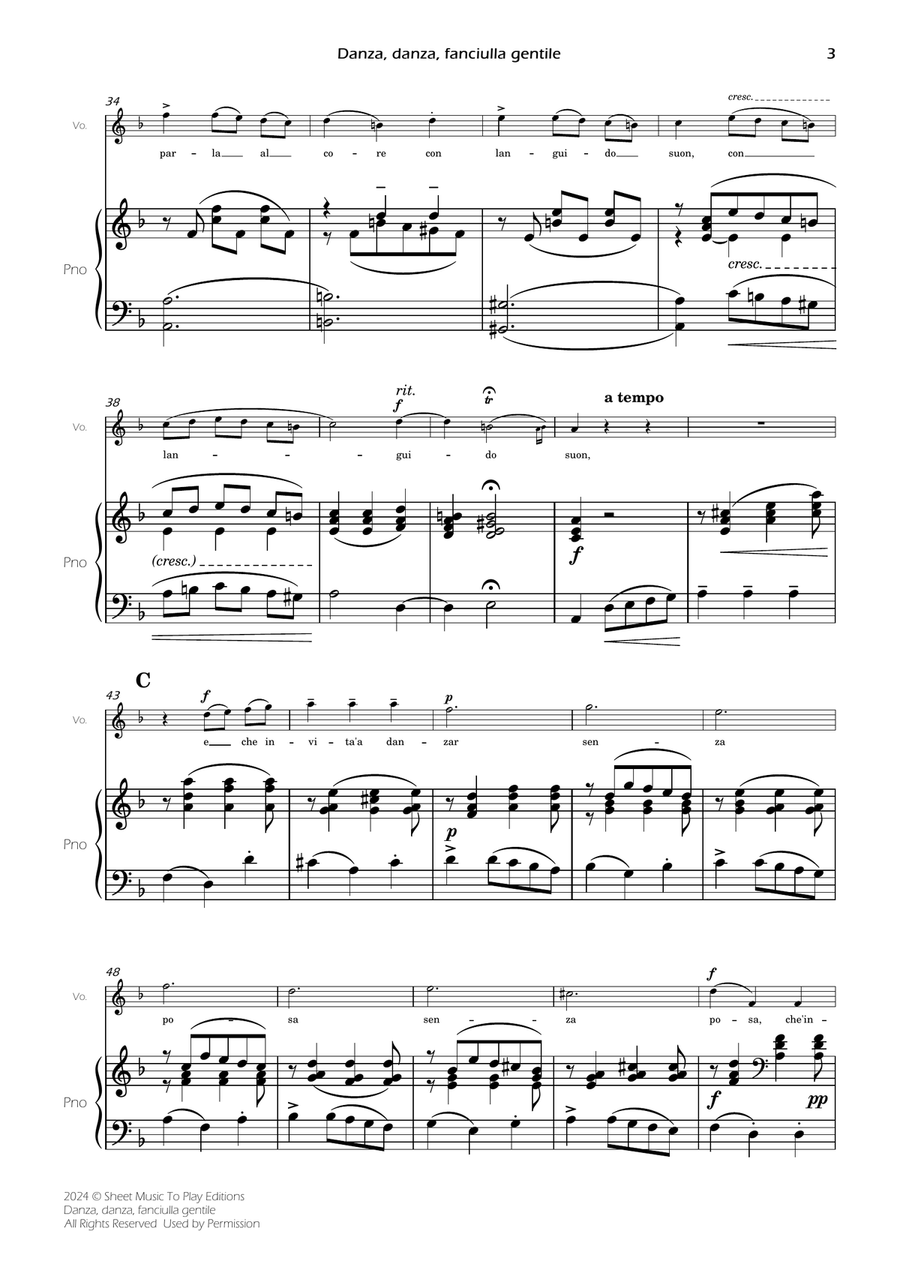 Danza, danza, fanciulla gentile - Voice and Piano - D minor (Full Score and Parts) Piano, Vocal scores gallery preview page 5