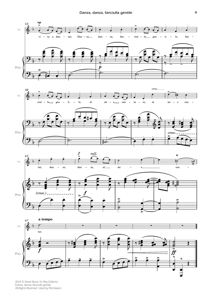 Danza, danza, fanciulla gentile - Voice and Piano - D minor (Full Score and Parts) Piano, Vocal scores gallery preview page 6