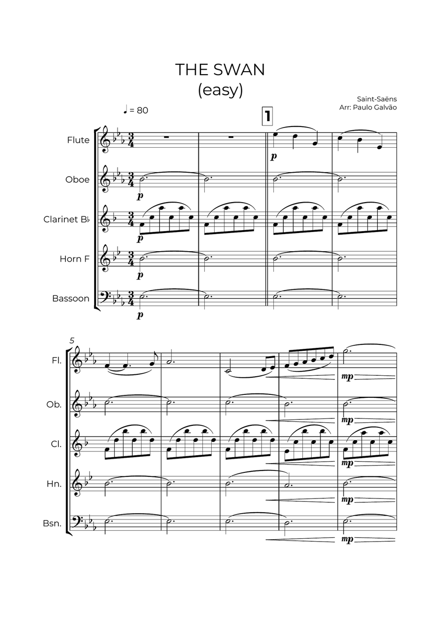 The Swan (easy) - Saint-Saëns - WIND QUINTET Woodwind Quintet scores gallery preview page 2
