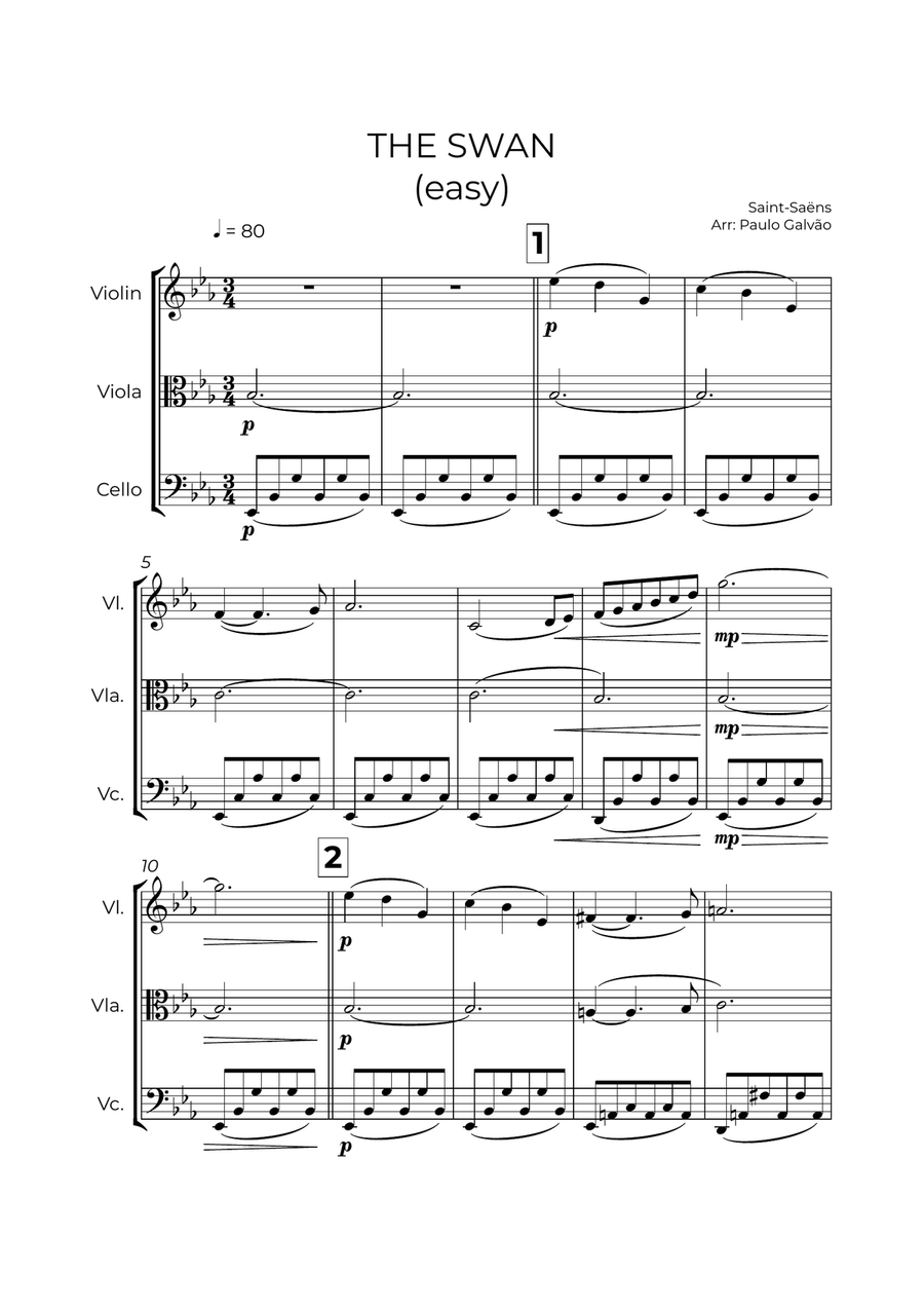 The Swan (easy) - Saint-Saëns - STRING TRIO (VIOLIN, VIOLA & CELLO) String Trio scores gallery preview page 2