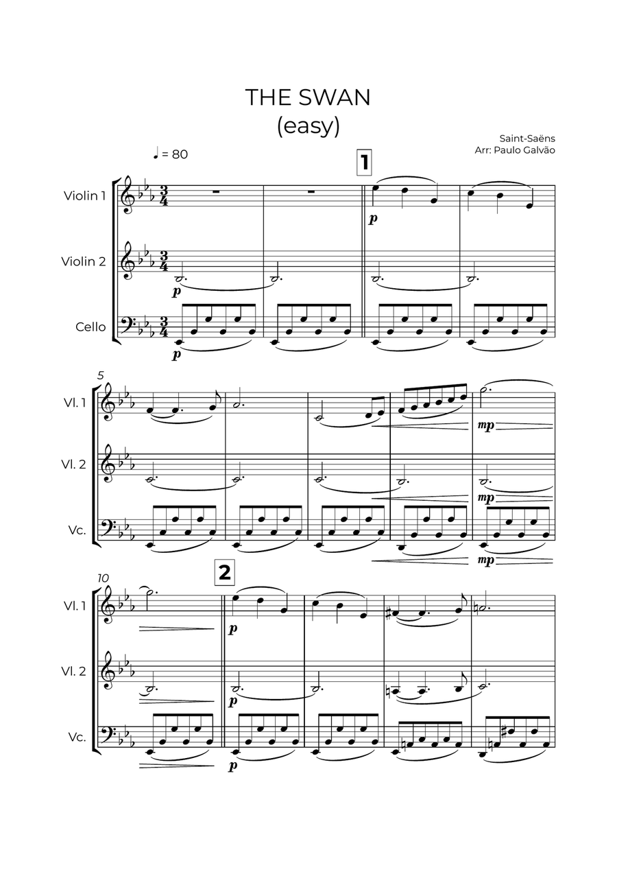 The Swan (easy) - Saint-Saëns - STRING TRIO (VIOLIN, VIOLA & CELLO) String Trio scores gallery preview page 2