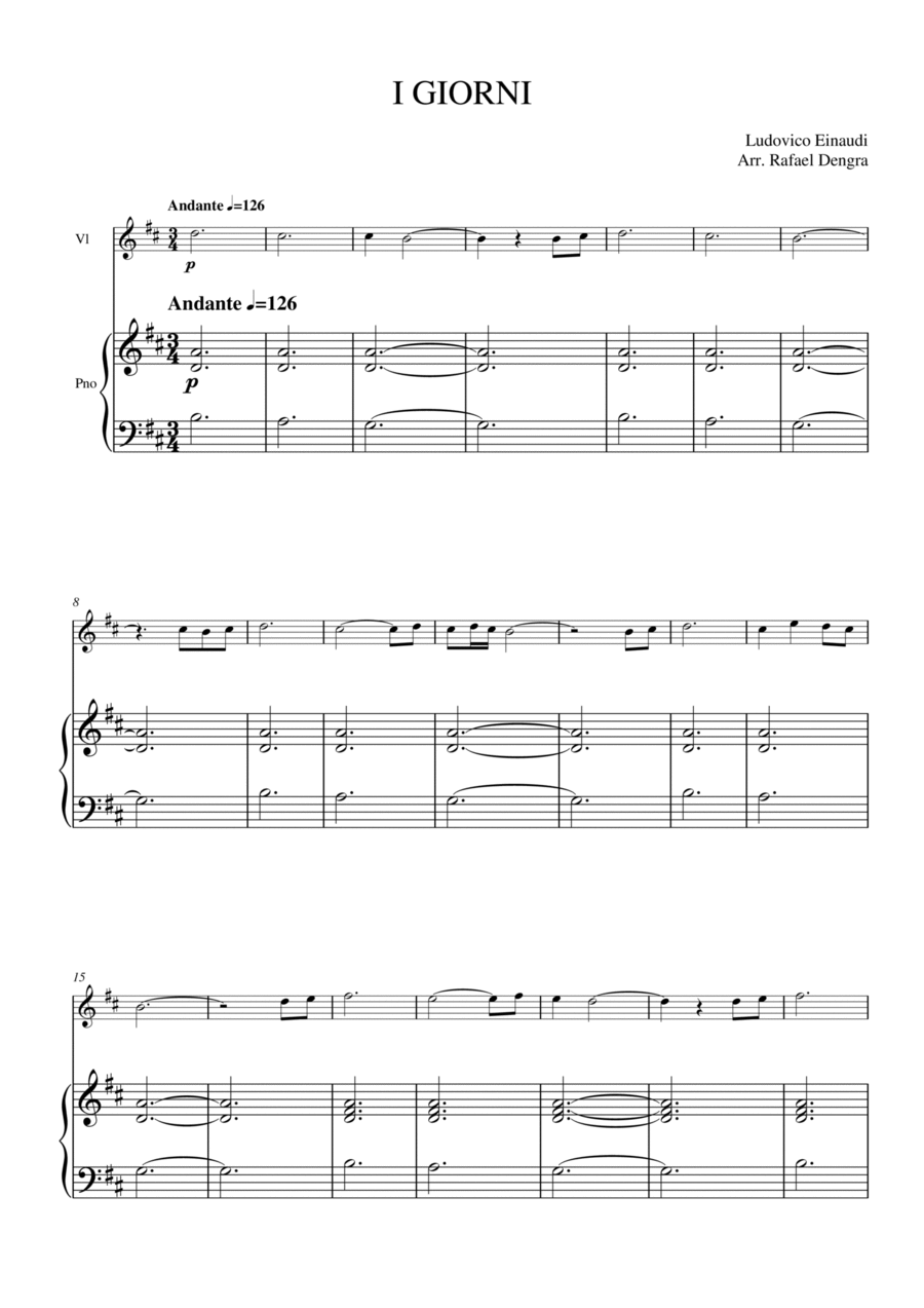 I Giorni - (Ludovico Einaudi) - Violin & Piano - arr. Rafael Dengra Violin Solo scores gallery preview page 1