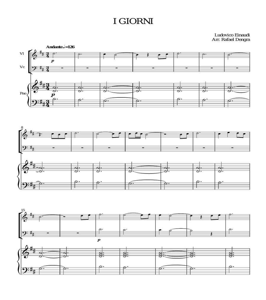 I Giorni - (Ludovico Einaudi) - Violin, Cello & Piano Trio - arr. Rafael Dengra Piano Trio scores gallery preview page 1