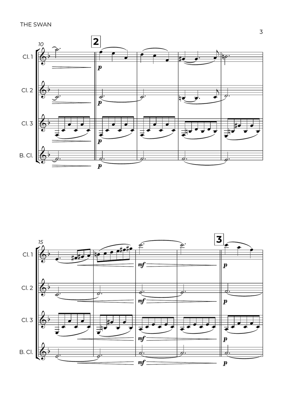 The Swan (easy) - Saint-Saëns - CLARINET QUARTET Clarinet Quartet scores gallery preview page 3
