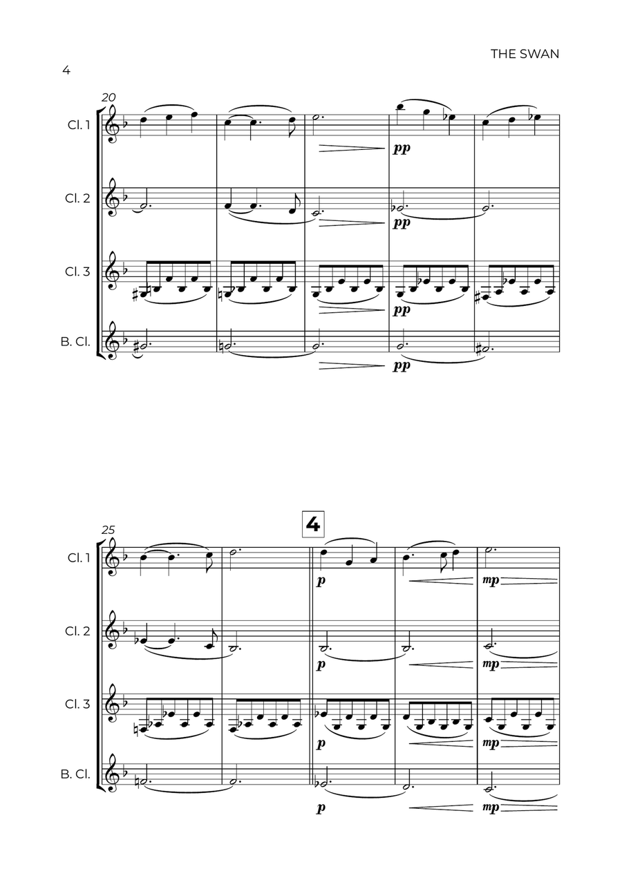 The Swan (easy) - Saint-Saëns - CLARINET QUARTET Clarinet Quartet scores gallery preview page 4