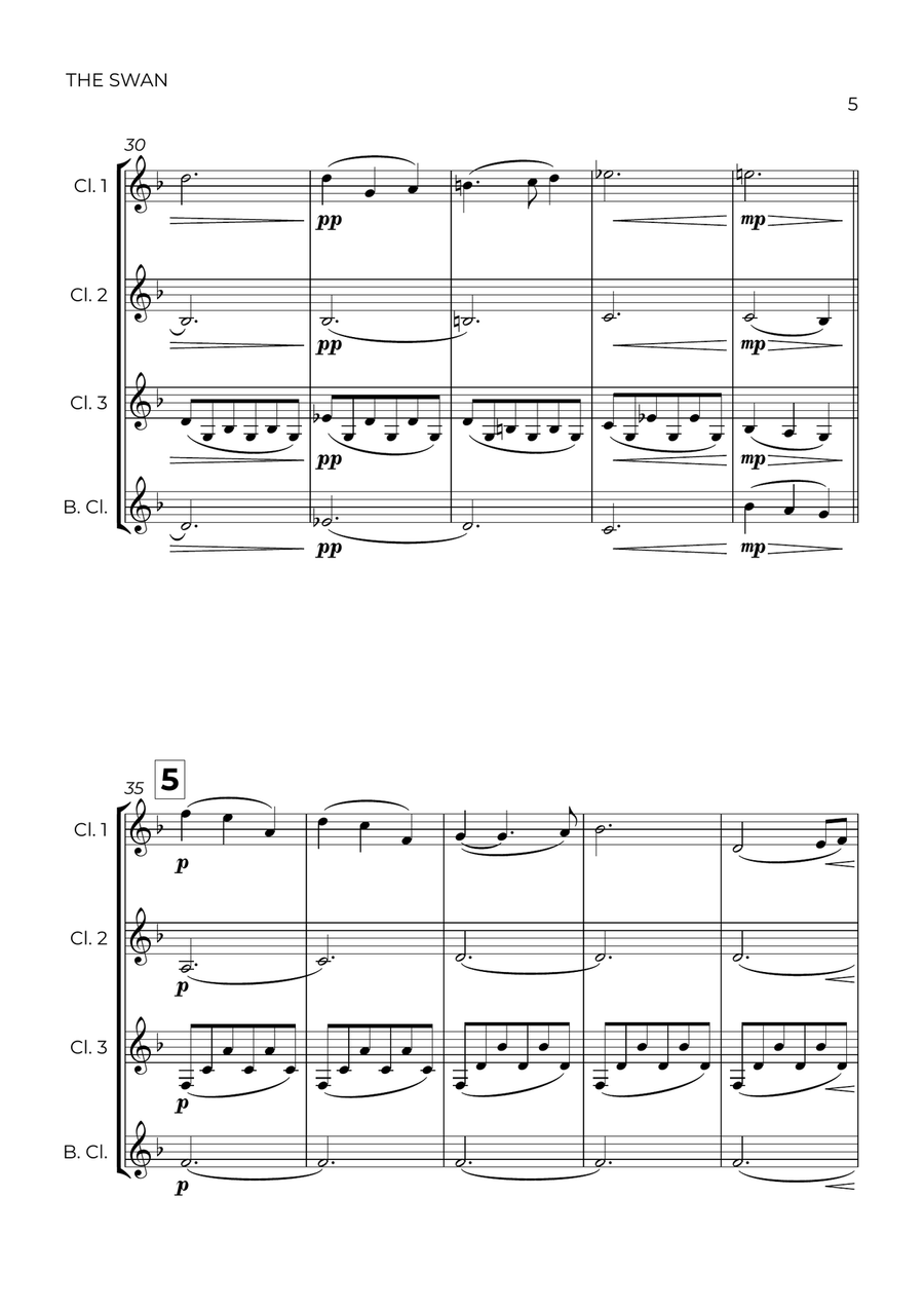 The Swan (easy) - Saint-Saëns - CLARINET QUARTET Clarinet Quartet scores gallery preview page 5