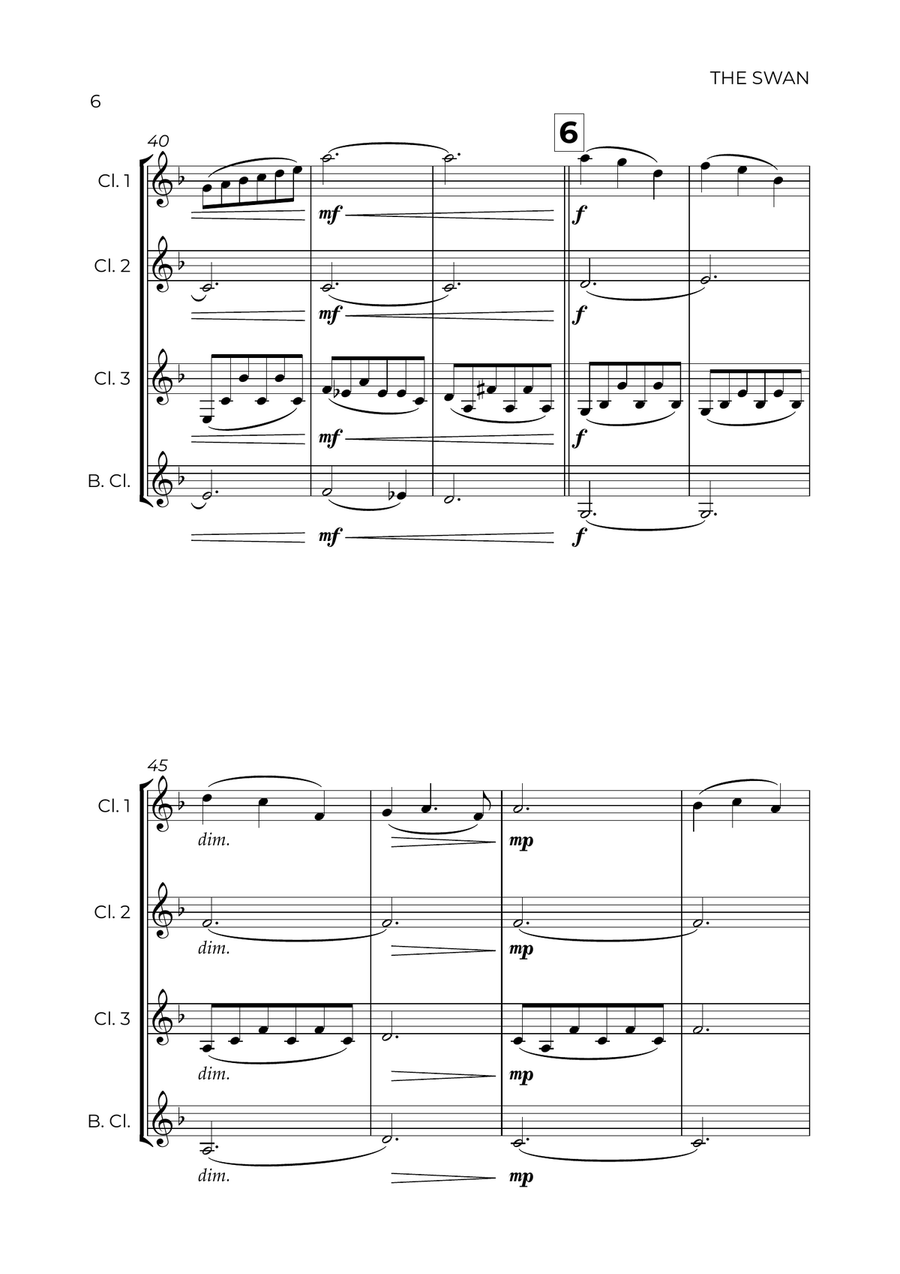The Swan (easy) - Saint-Saëns - CLARINET QUARTET Clarinet Quartet scores gallery preview page 6