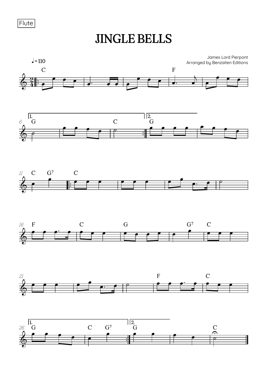 Jingle Bells • Christmas Song | flute & clarinet duet sheet music [chords] Woodwind Duet scores gallery preview page 2