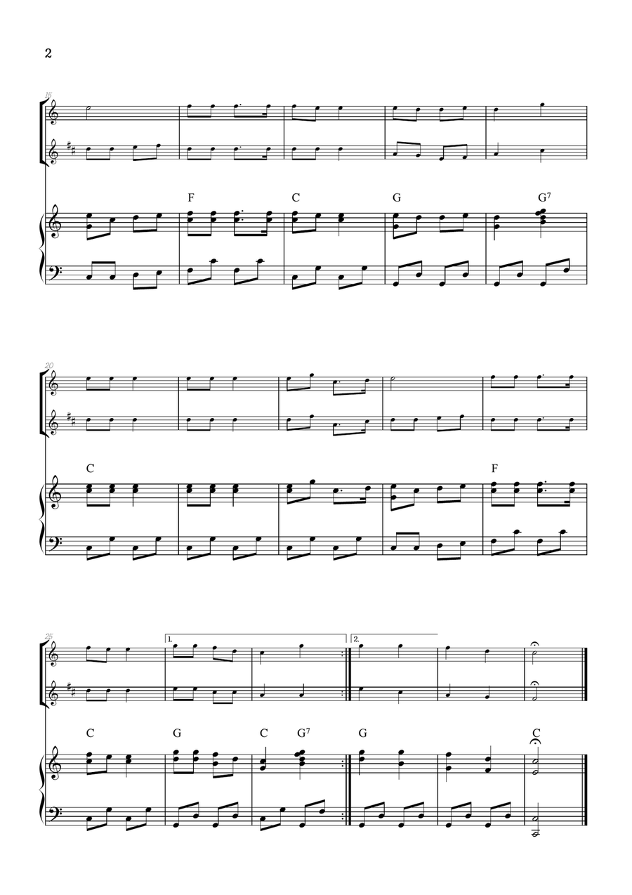 Jingle Bells • Christmas Song | oboe & clarinet duet sheet music w/ piano accompaniment [chords] Woodwind Duet scores gallery preview page 2