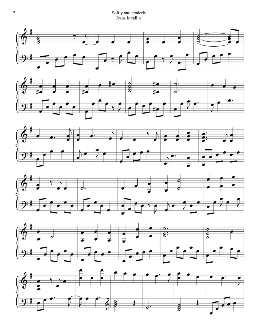 PIANO - Softly and Tenderly Jesus Is Calling (Piano Hymns Sheet Music PDF) Piano Solo scores gallery preview page 2