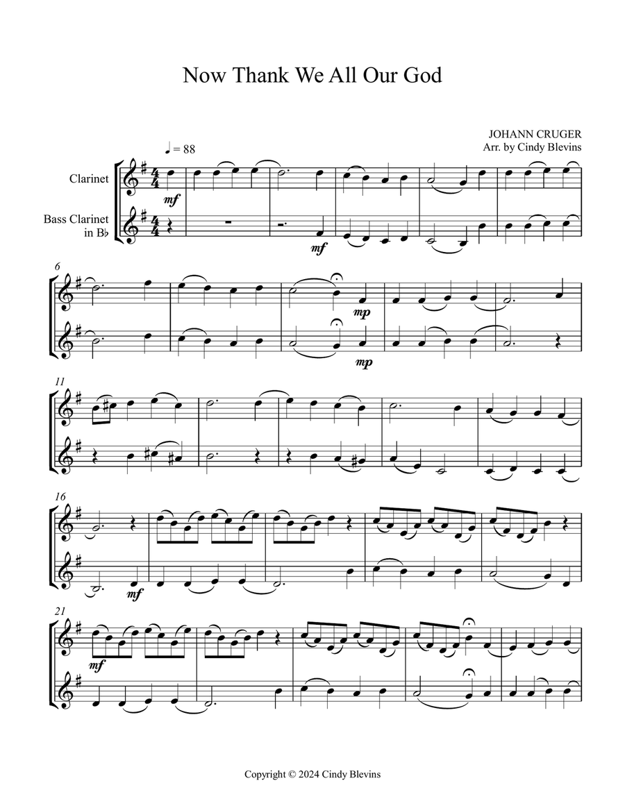 Now Thank We All Our God, for Clarinet and Bass Clarinet Duet Clarinet Duet scores gallery preview page 2