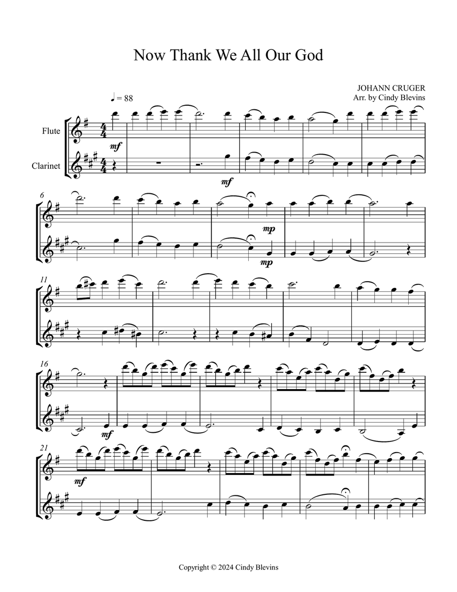 Now Thank We All Our God, for Flute and Clarinet Duet Woodwind Duet scores gallery preview page 2