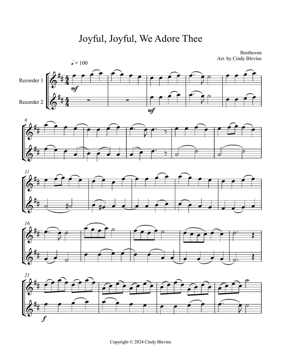 Joyful, Joyful, We Adore Thee, for Recorder Duet Woodwind Duet scores gallery preview page 2