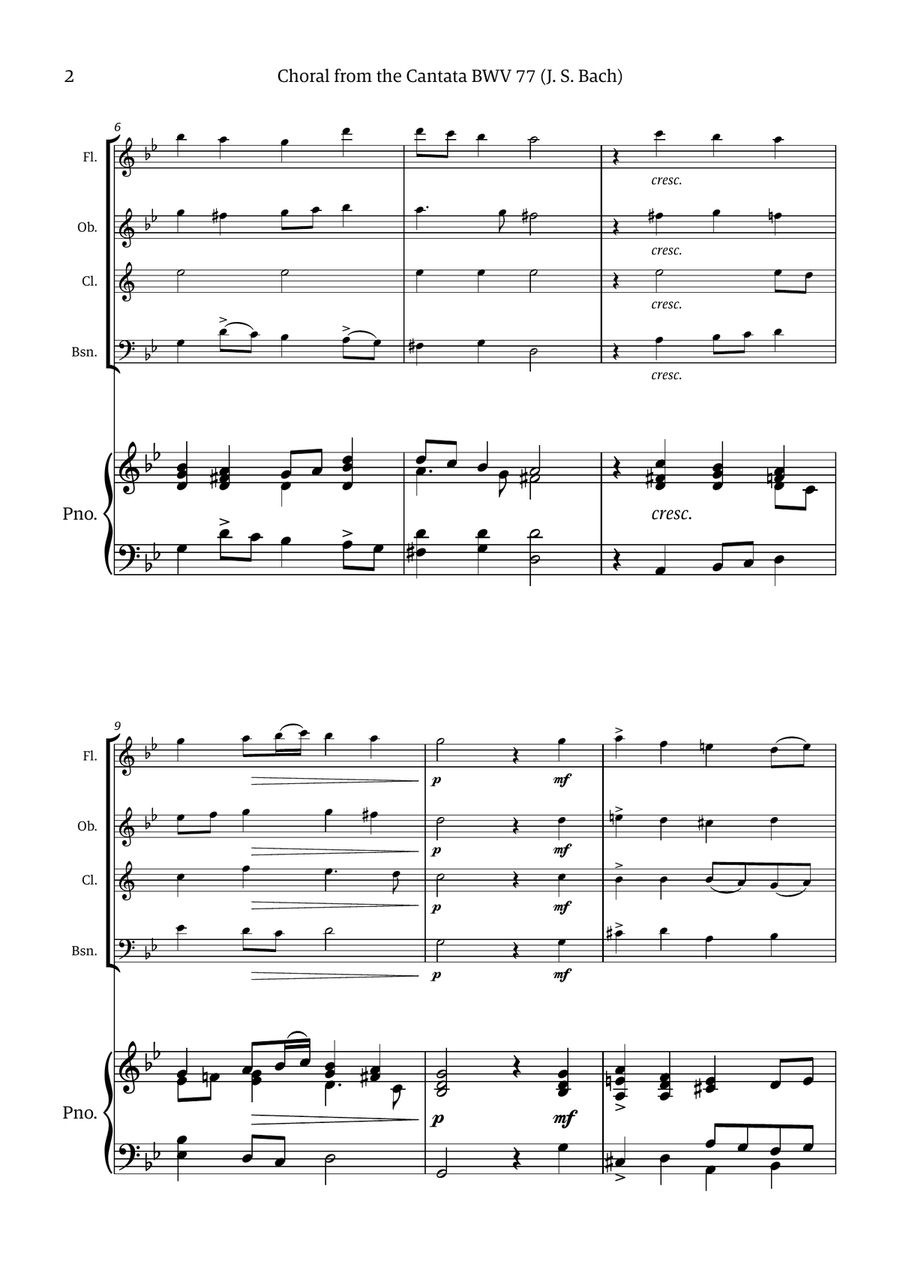 Choral from the Cantata BWV 77 (for Woodwind Quartet with Piano accompaniment) Choir scores gallery preview page 2