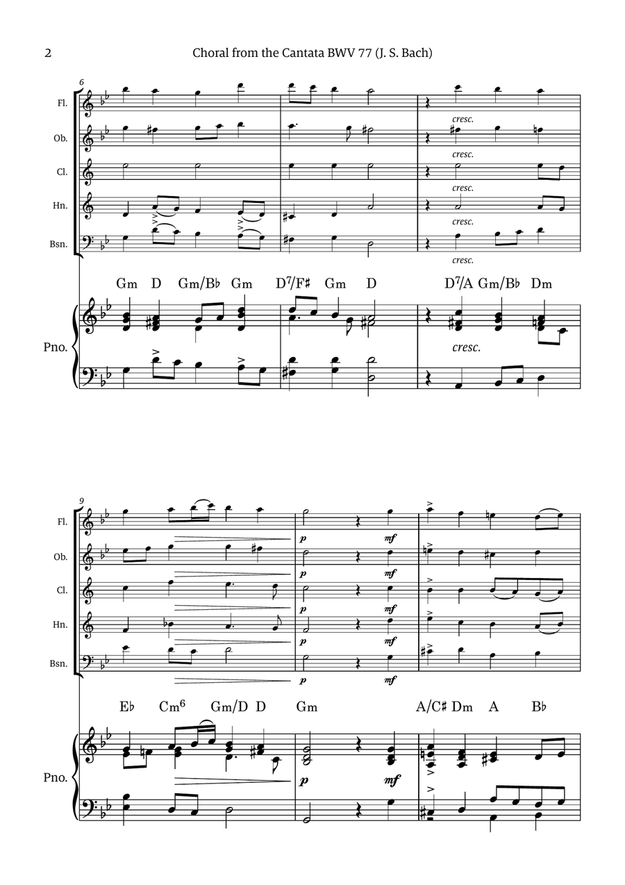 Choral from the Cantata BWV 77 (for Woodwind Quintet with Piano accompaniment) Chamber Music scores gallery preview page 2
