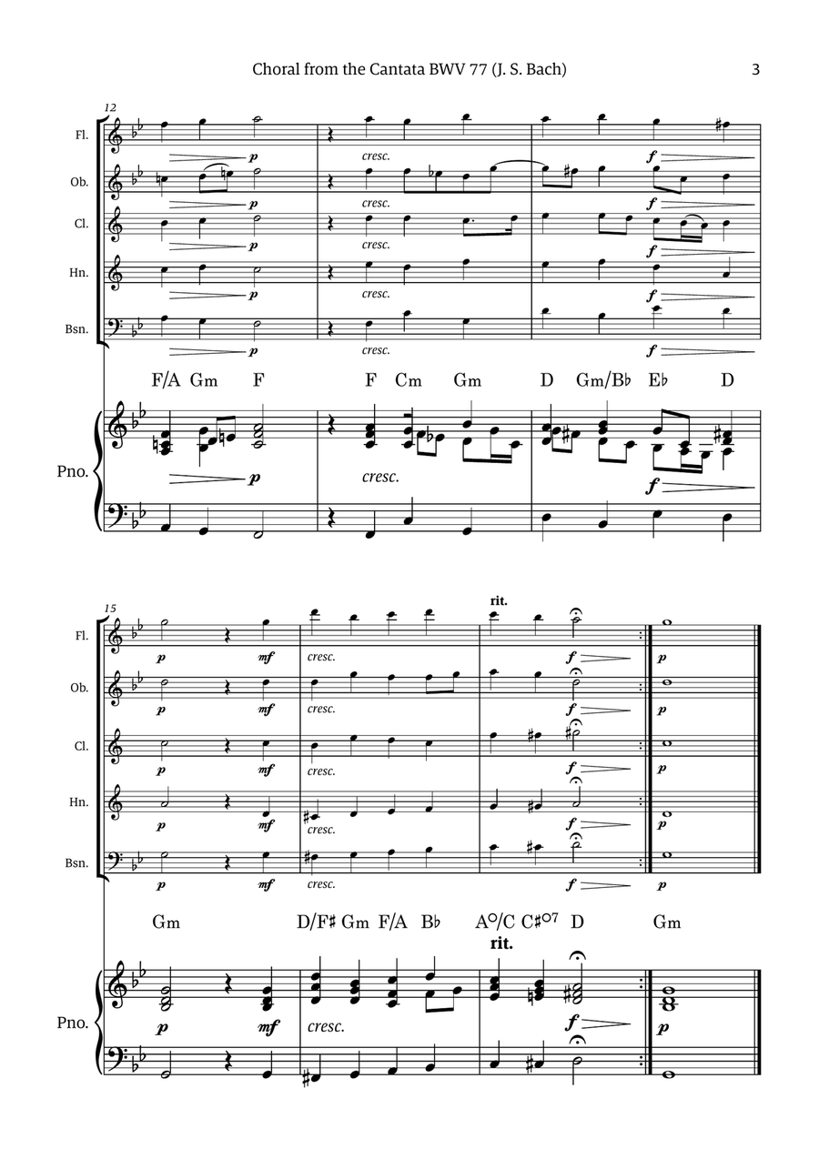 Choral from the Cantata BWV 77 (for Woodwind Quintet with Piano accompaniment) Chamber Music scores gallery preview page 3