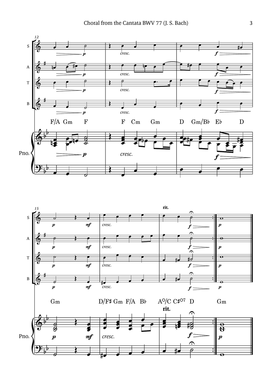 Choral from the Cantata BWV 77 (for Saxophone Quartet with Piano accompaniment) Chamber Music scores gallery preview page 3