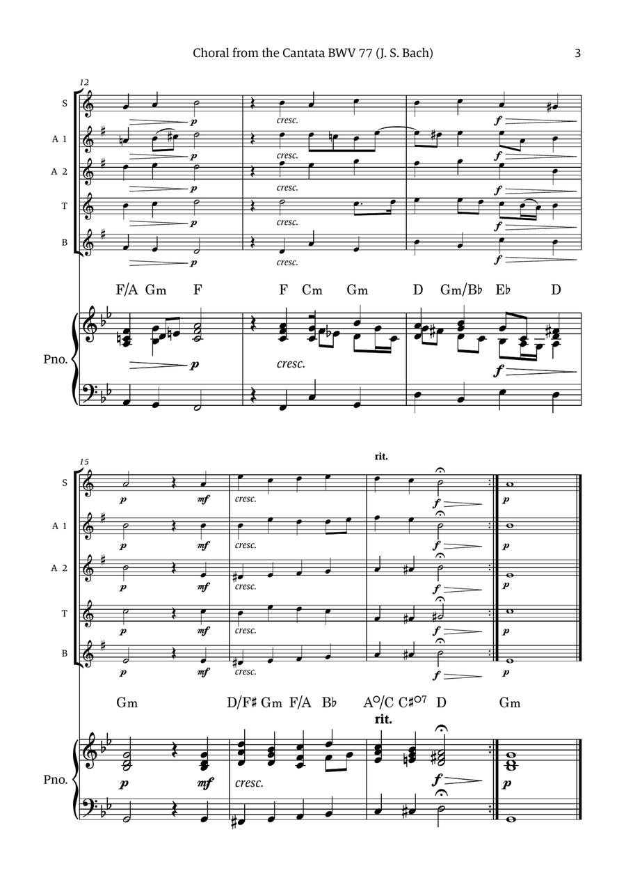 Choral from the Cantata BWV 77 (for Saxophone Quintet with Piano accompaniment) Saxophone Quintet scores gallery preview page 3